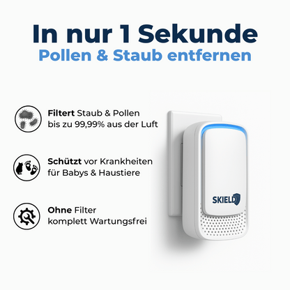DustShield Luftreiniger in Nahaufnahme – kompakter Helfer gegen Pollen, Hausstaub und Allergene