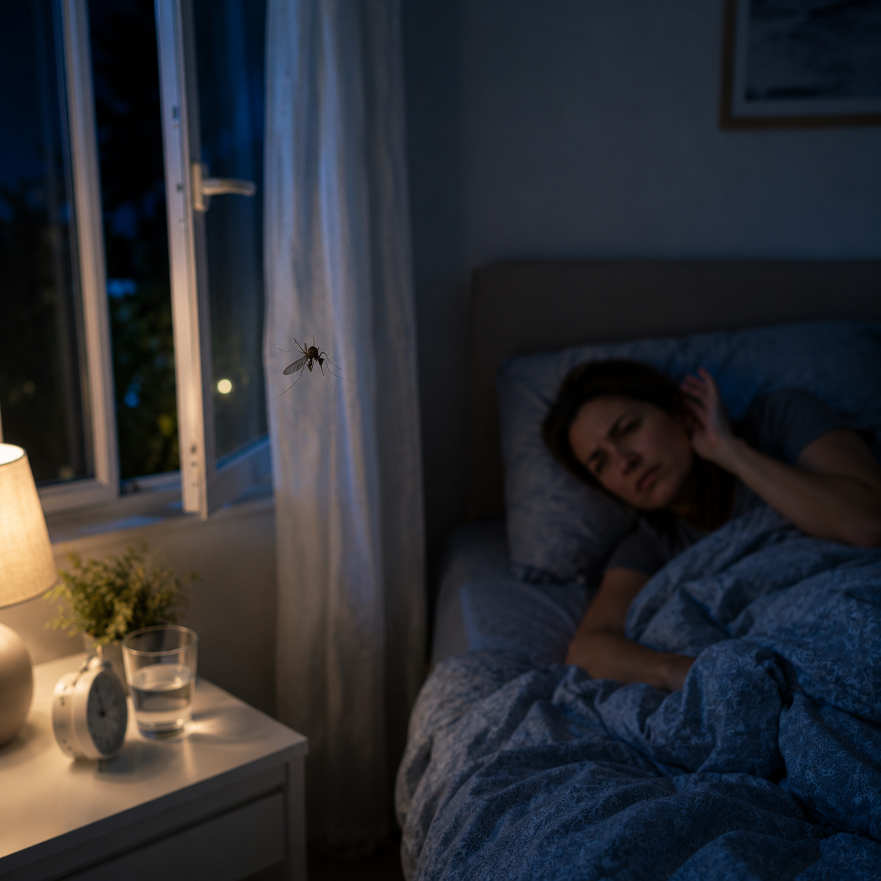 Frau wach im Bett, Mücke am Ohr